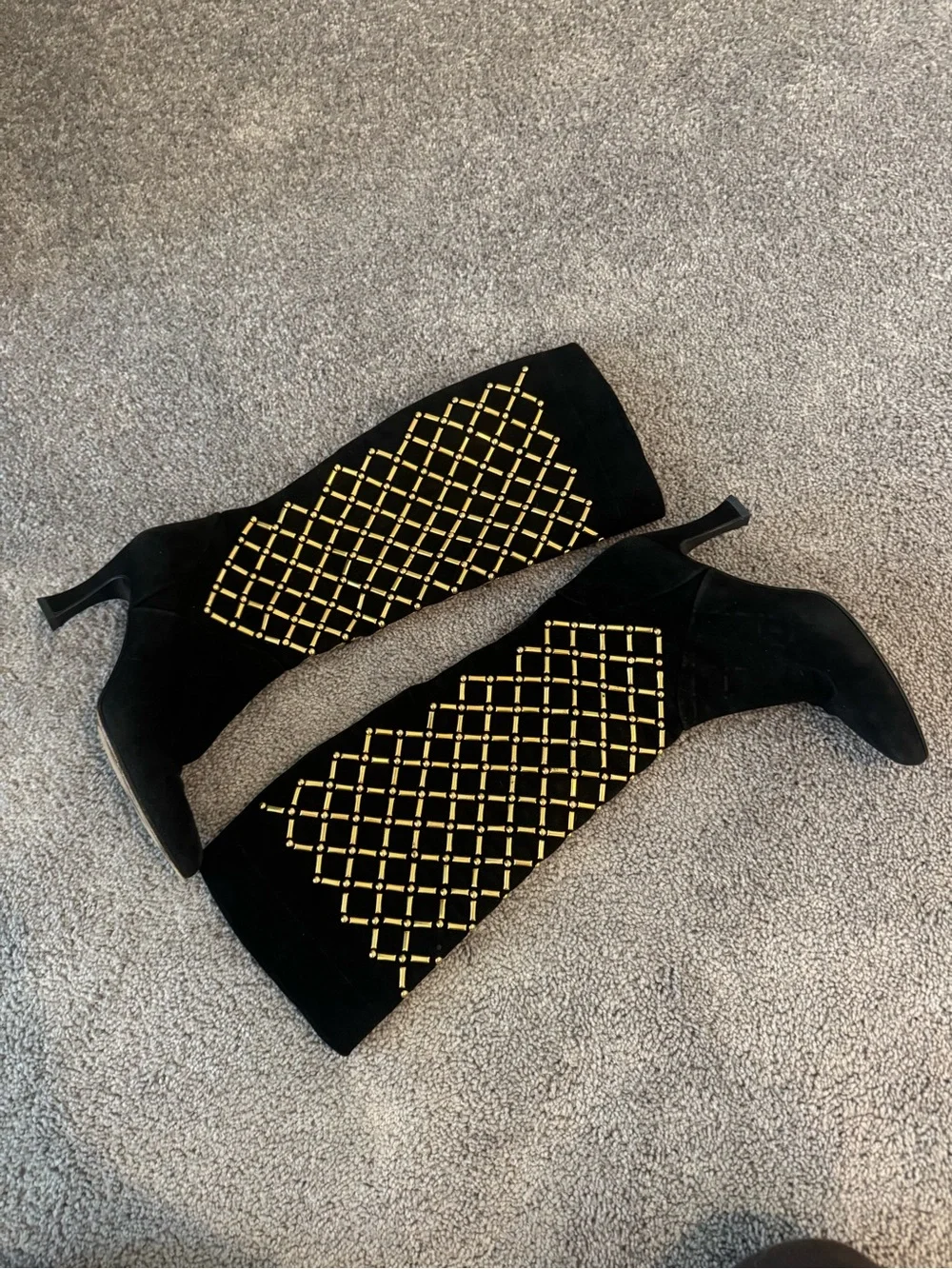 Stuart Weitzman Black Suede Over-the-Knee Boots with Gold Stud Lattice